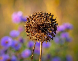 Close-up shows dried flower against blurred purple blooms and gold bokeh