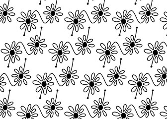 Repeating pattern of stylized daisy-like flowers with curved stems and dots, simple design.