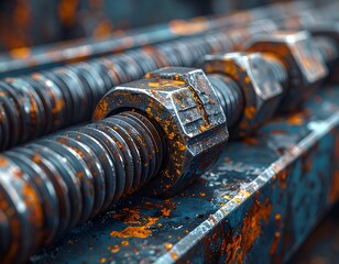 Close-up of rusty metal bolts and nuts, with a shallow depth of field