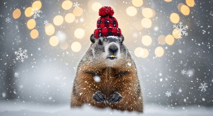 Groundhog wearing a red hat in the snow with bokeh lights behind