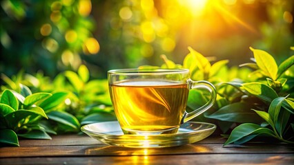 Isolated hot herbal tea in a transparent glass cup with a lemon slice and green leaf