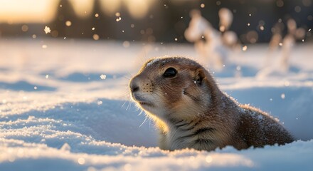 Prairie dog emerging from its burrow in the snow on a sunny winter day