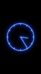 Blue Neon Clock Face on Black Background time glowing