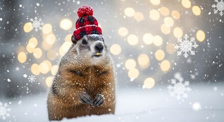 Cute groundhog wearing a red and black hat in the snow with bokeh lights