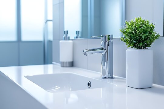 Modern Minimalist Bathroom Sink with Faucet and Potted Plant in Bright Interior Setting