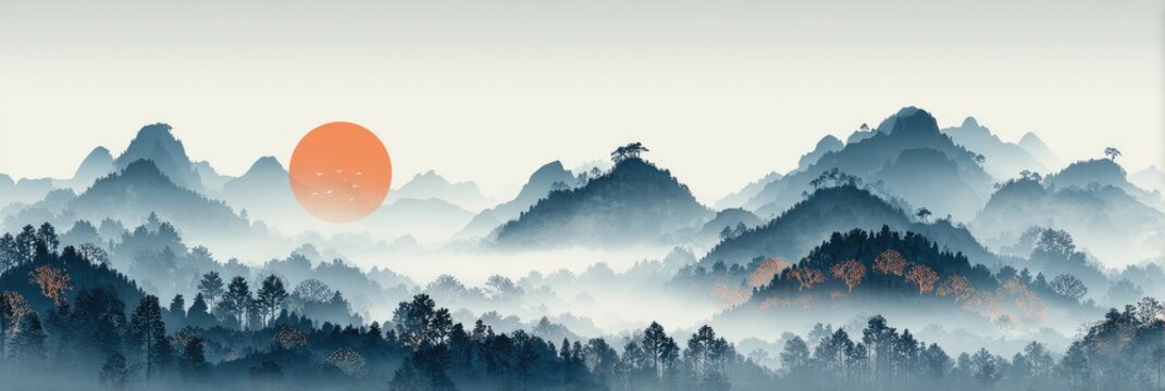 Misty mountain range with sunrise