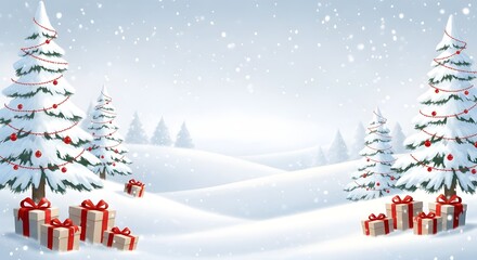 Christmas winter landscape with snow covered trees and gift boxes