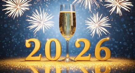 Happy new year 2026 celebration with champagne glass and golden fireworks