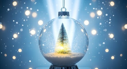 Glowing christmas tree inside a snow globe with bokeh lights in background
