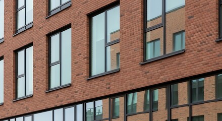Obraz premium Modern Brick Building with Reflective Windows.