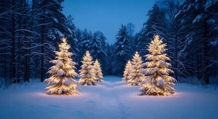 Christmas tree with lights in a snowy forest landscape at winter night