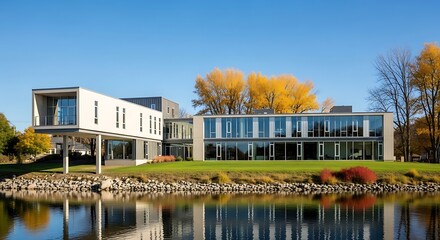 Modern Building Reflected in Calm Lake with Autumn Trees and Blue Sky.