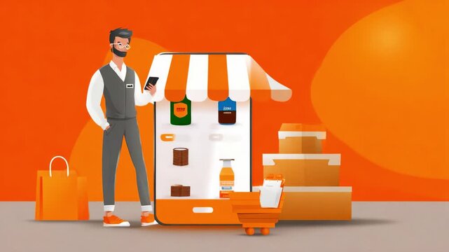A modern digital storefront illustrated in vibrant orange hues, featuring a man checking his phone while engaging with an animated shopping experience, showcasing products and packaged goods.