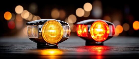 Two illuminated truck lights, one amber and one red, on a wet surface at night.