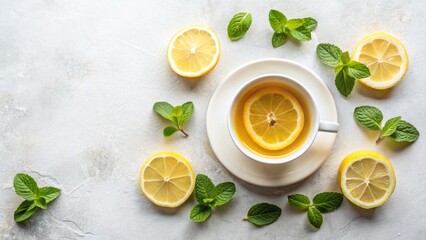 Hot healthy citrus beverage with fresh lemon and mint slices in a glass cup closeup
