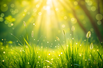 Sunbeams illuminating green grass and bokeh nature