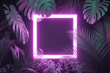 Tropical neon frame with monstera and palm leaves in vibrant purple color