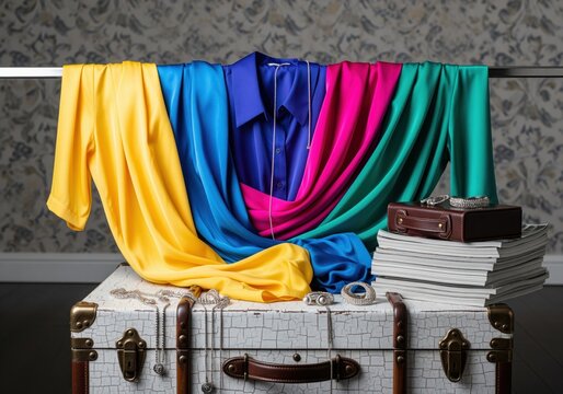 Vibrant silk blouses draped over a rack and vintage trunk with jewelry and magazines