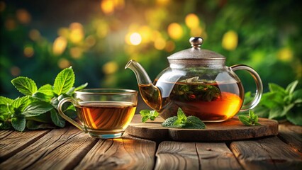 Hot herbal green tea beverage in a transparent glass cup with fresh mint leaves