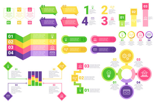 Infographic set with colorful designs illustrating various concepts. Clearly organized elements guiding viewer through important information and ideas in visually appealing way