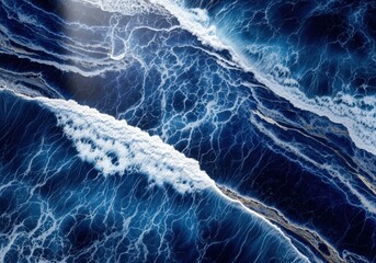 Abstract deep blue ocean waves texture with swirling white foam and marble veins