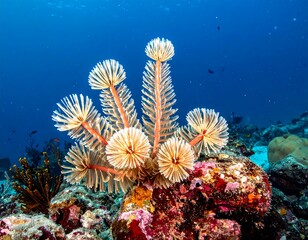 Underwater coral reef scene.  Coral branches radiate from a central point