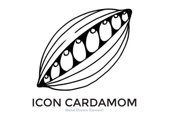 A black and white line art illustration of a cardamom pod with seeds.