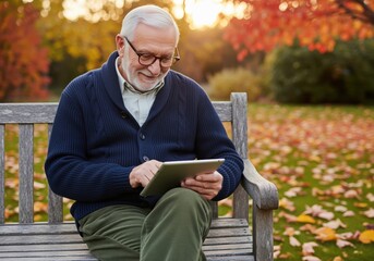 Obraz premium Smiling elderly man enjoying technology on a park bench during a sunny autumn day.