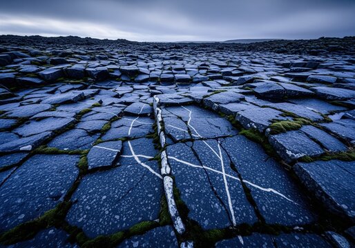 Dark indigo basalt pavement etched with white mineral veins and green moss - Powered by Adobe