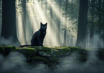Enchanting black cat with glowing green eyes sitting on a mossy wall in foggy woods