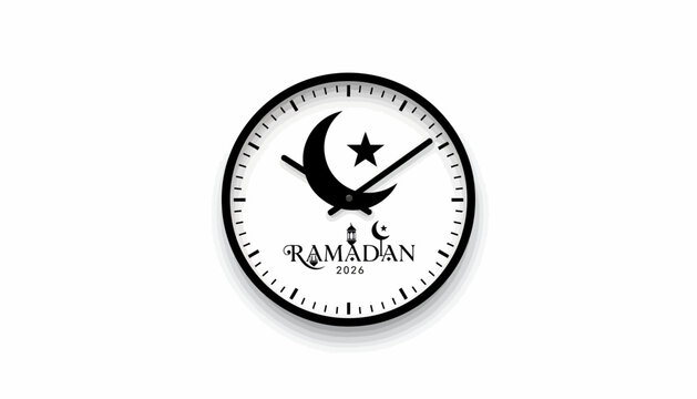 Ramadan 2026 timing clock with crescent moon and star symbol.