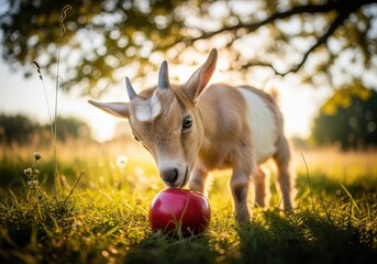 Whimsical pygmy goat kid tasting a red apple bathed in warm golden hour sunlight.