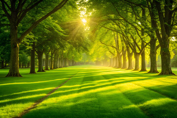 Sunlit Avenue of Trees in a Lush Green Park sunlight