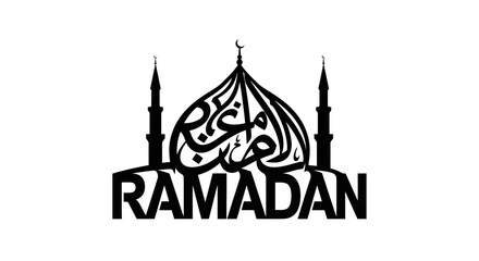 Ramadan mosque silhouette icon, arabic calligraphy, english text