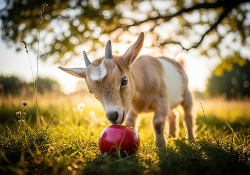 Whimsical pygmy goat kid tasting a red apple bathed in warm golden hour sunlight.