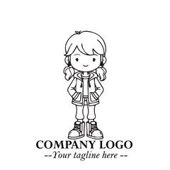 Black and White Chibi Girl Standing in Jacket, Pants, and Boots. Simple Bold Vector Illustration