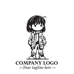 Black and White Chibi Girl Standing in Jacket, Pants, and Boots. Simple Bold Vector Illustration