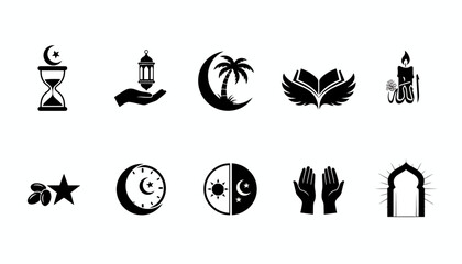 Ramadan kareem symbols and islamic fasting icons set vector design