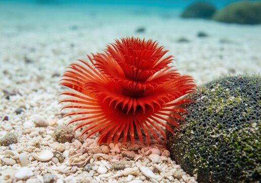 Striking vermillion feather duster worm crown resting on sandy seabed
