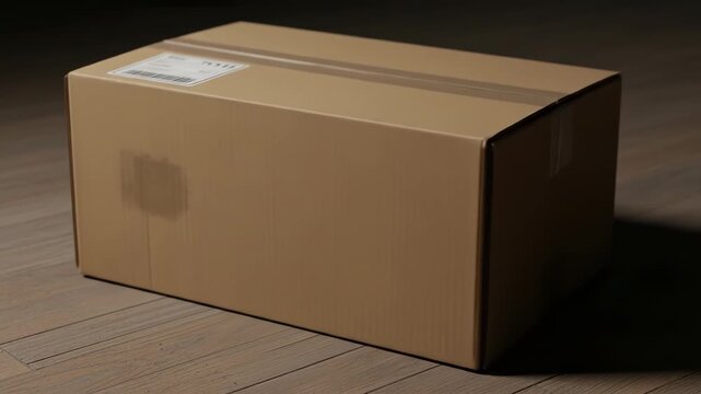 Cardboard box on wooden floor. Label on front. Light falls on right side