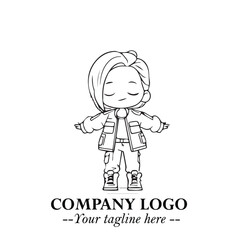 Black and White Chibi Girl Standing in Jacket, Pants, and Boots. Simple Bold Vector Illustration