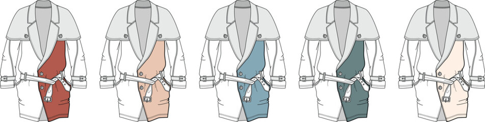 Collection of modern medical uniform coats, each featuring a distinct colored sash, providing professional attire options for healthcare professionals, doctors, and nurses in clinical settings