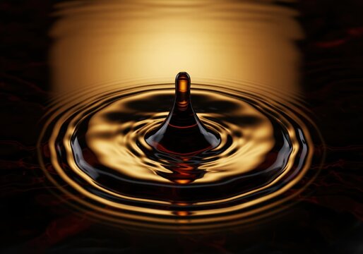Dramatic close up of dark amber liquid splash creating concentric ripples