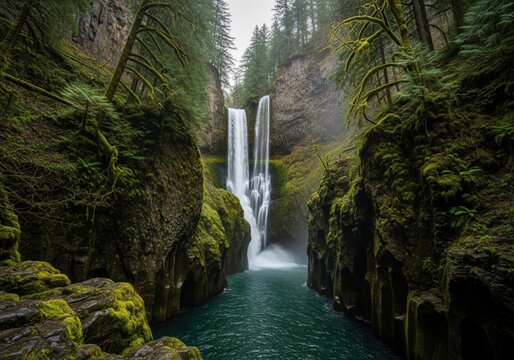 Majestic multi tiered waterfall cascading down a deep mossy canyon gorge
