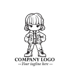 Black and White Chibi Girl Standing in Jacket, Pants, and Boots. Simple Bold Vector Illustration