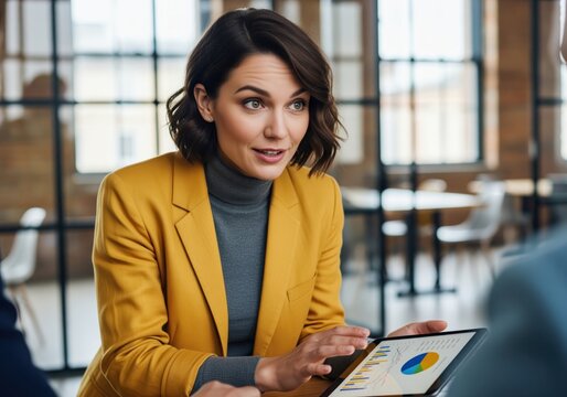 Confident businesswoman presenting financial data on a tablet during an office discussion