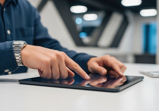 Professional hands interacting with a digital tablet screen in a modern office. - Powered by Adobe