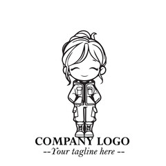 Black and White Chibi Girl Standing in Jacket, Pants, and Boots. Simple Bold Vector Illustration