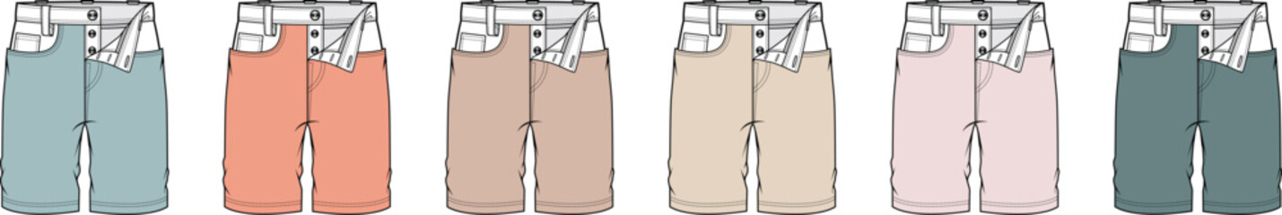 Collection of fashion illustrations showcasing various styles and colors of denim jeans for women, presented as flat lay product mockups