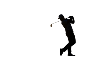 Golfer Silhouette Taking a Powerful Tee Shot, Side View with Flying Ball, isolated PNG